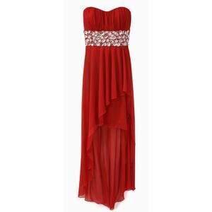 Red Hi-Low Strapless Prom Formal dress with Gem accents  - Size 5